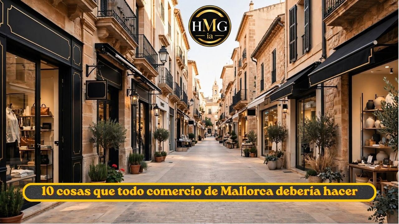 Calle comercial de Mallorca con tiendas locales y el logo de HMGia