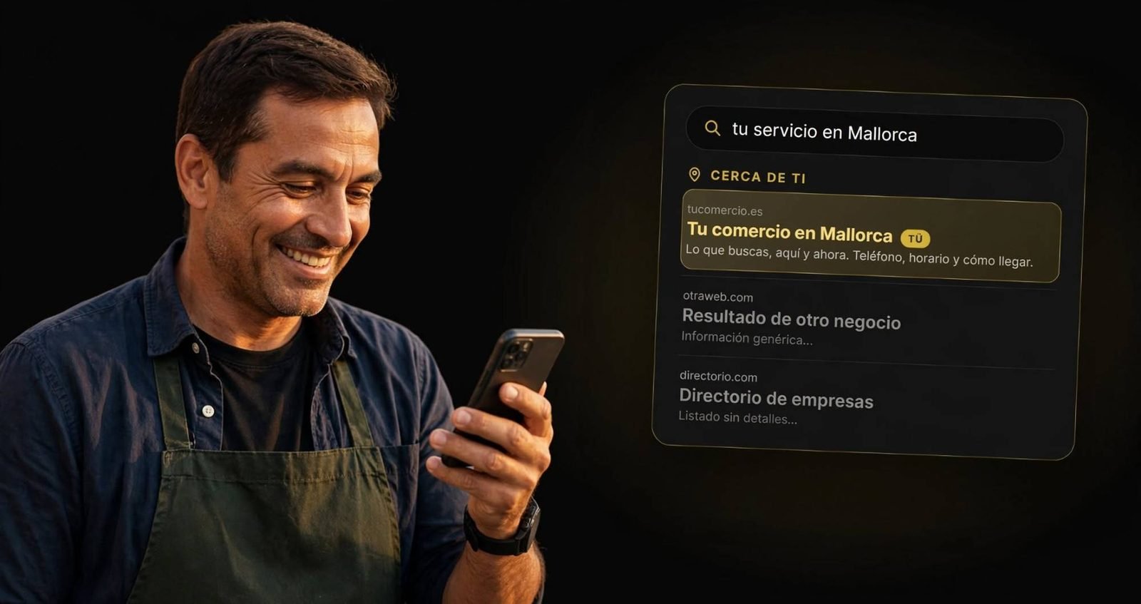 Comerciante de Mallorca sonriendo al mirar su móvil, junto a un buscador donde su comercio aparece el primero