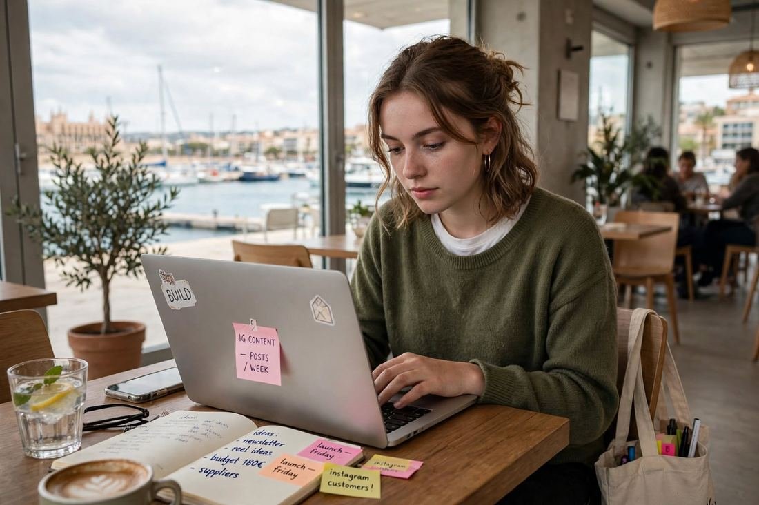 Joven emprendedora trabajando con su portátil en una cafetería frente al puerto de Palma