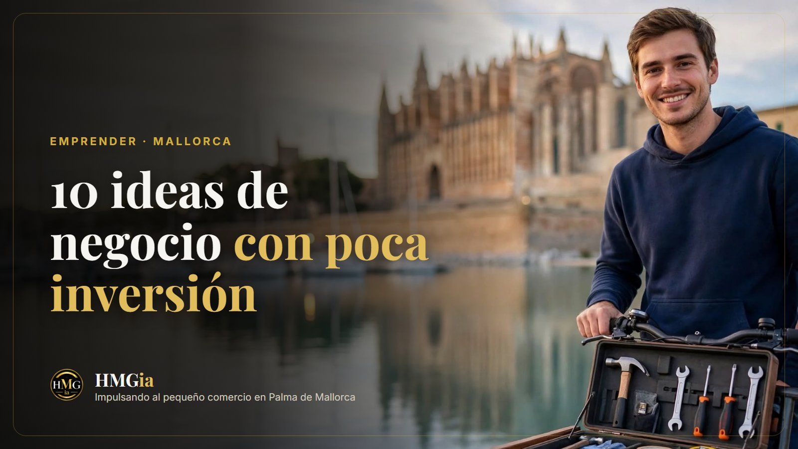 Joven emprendedor con una bici de carga y una caja de herramientas en el puerto de Palma, con la Catedral al fondo