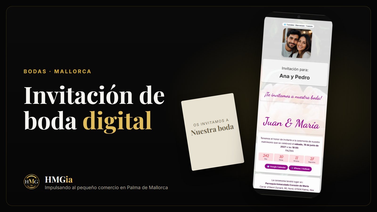 Invitación de boda digital con confirmación de asistencia en el móvil junto a una invitación de papel
