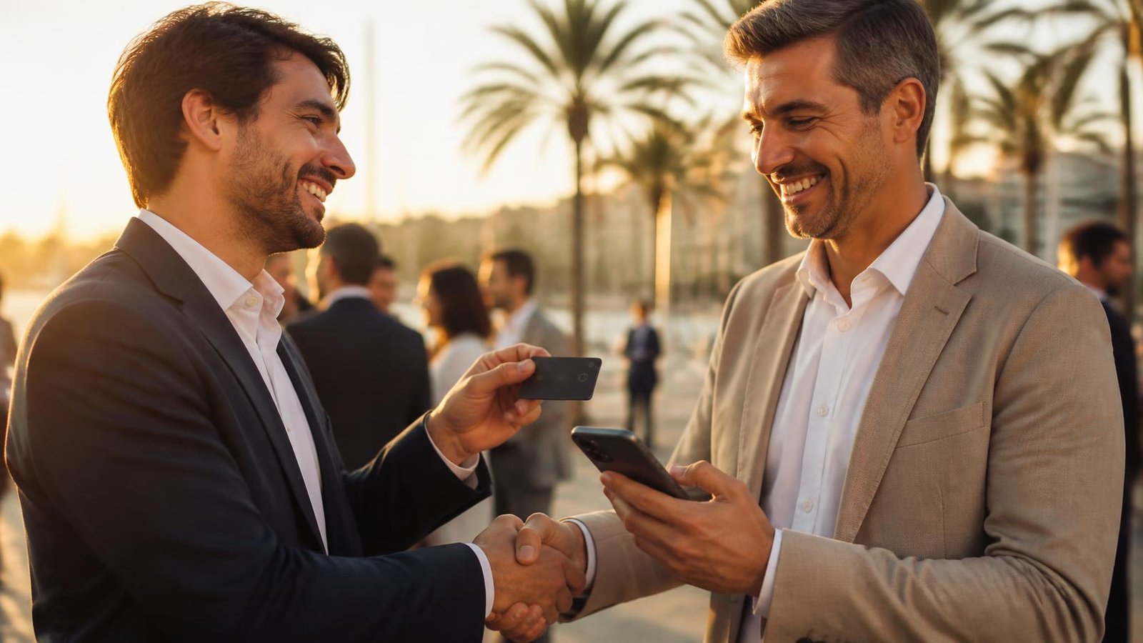 Dos profesionales compartiendo su contacto con un toque NFC durante un evento de networking en Palma de Mallorca