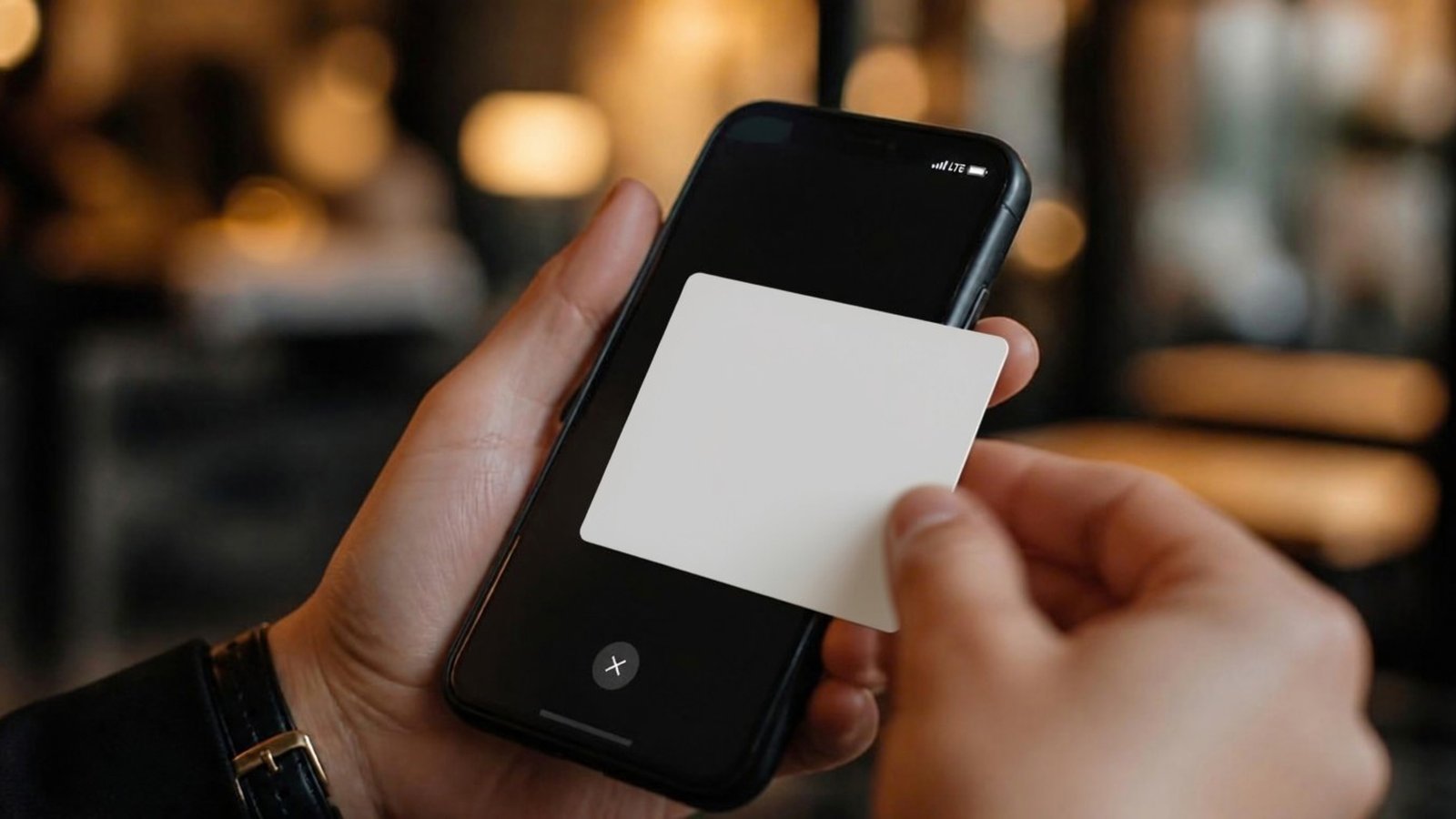 Acercando una tarjeta NFC a la pantalla de un móvil para compartir el contacto con un toque