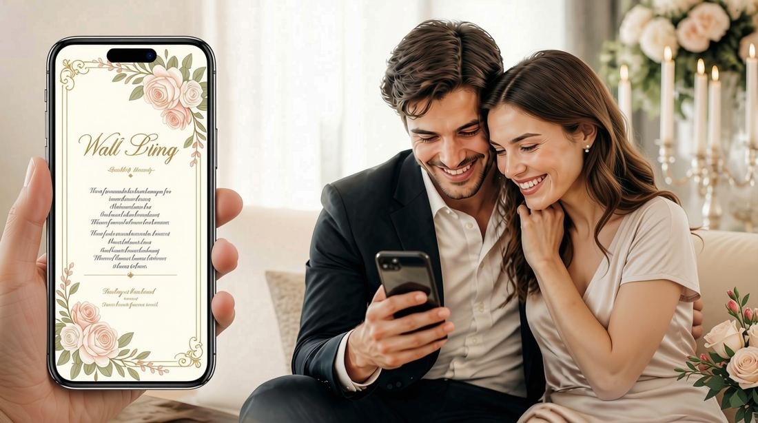 Pareja sonriendo mientras mira una invitación de boda digital en el móvil