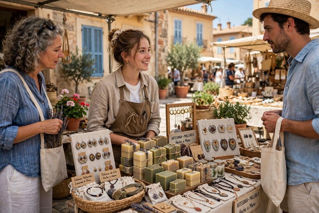 Puesto de artesanía en un mercado de un pueblo de Mallorca con jabones naturales y bisutería