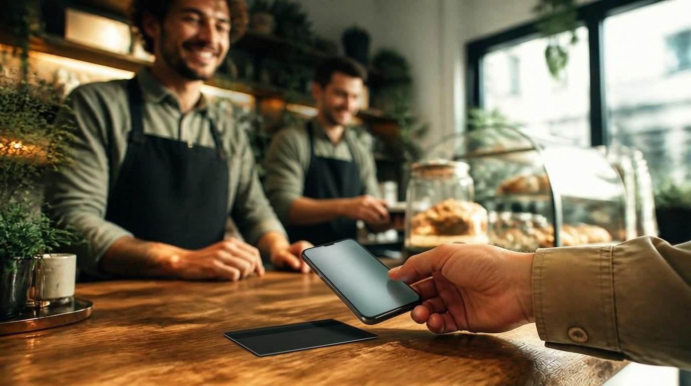 Cliente acercando el móvil a una tarjeta NFC en el mostrador de un negocio de Palma de Mallorca para dejar una reseña en Google