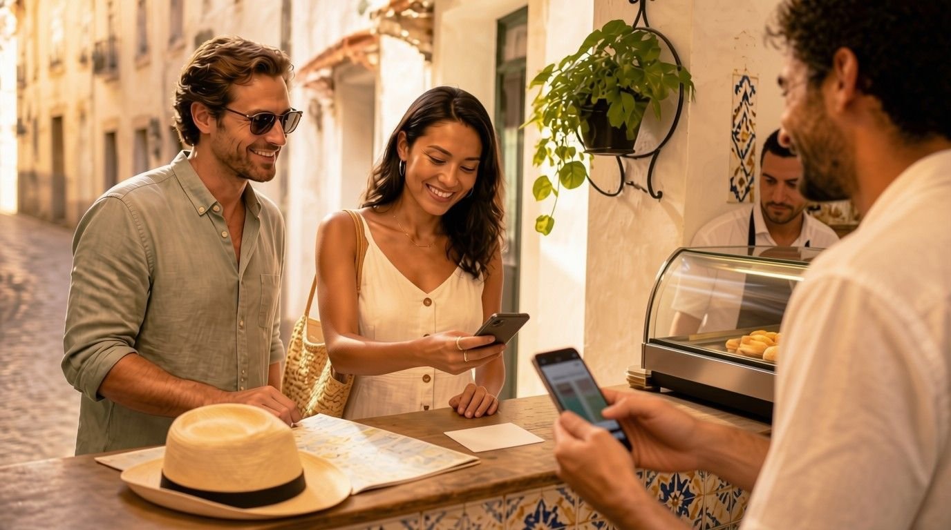 Pareja de turistas con el móvil en el mostrador de un negocio de una calle de Palma de Mallorca