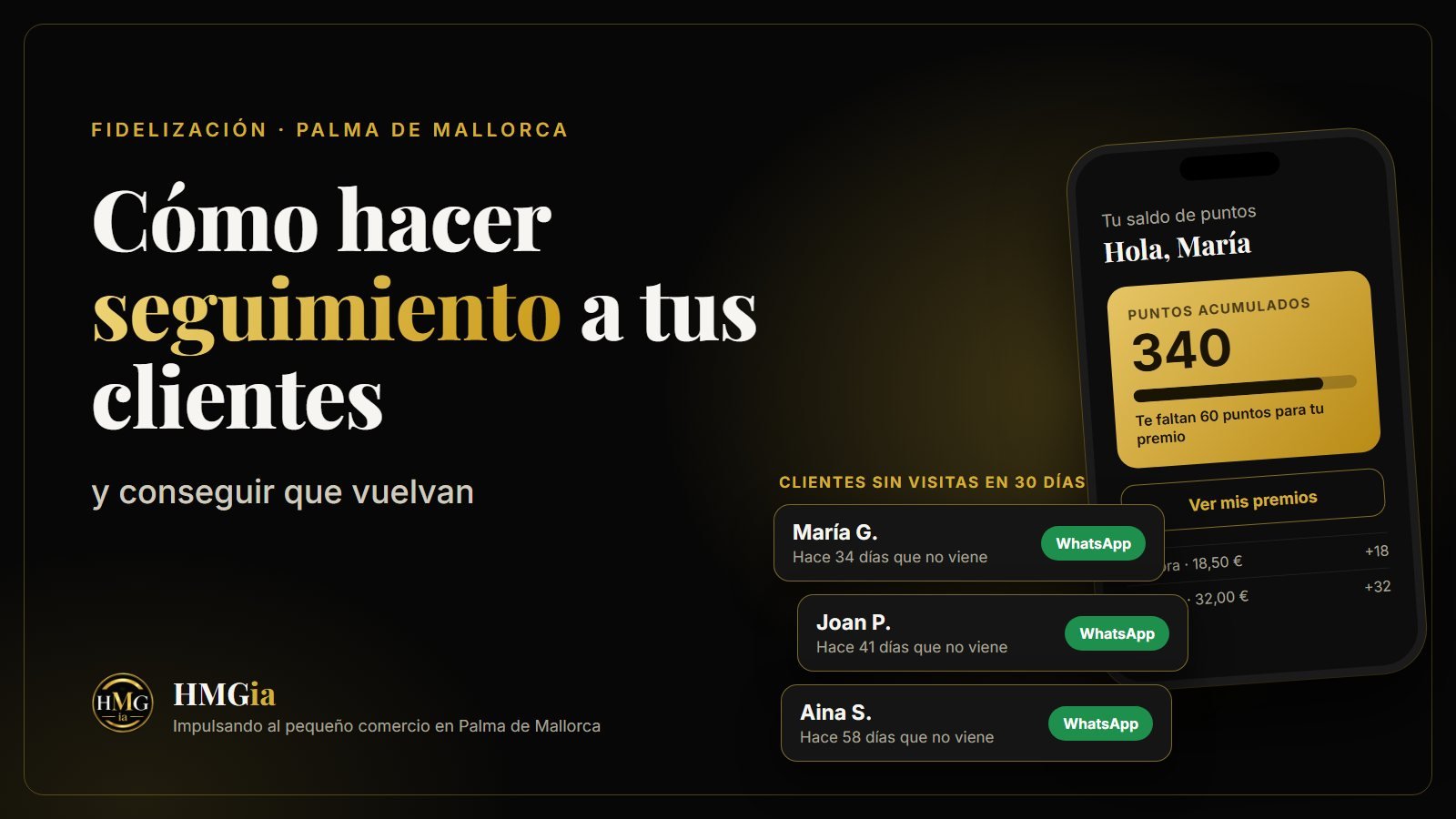 Panel de FideClientesHMG con la lista de clientes sin visitas y el saldo de puntos de una clienta en el móvil