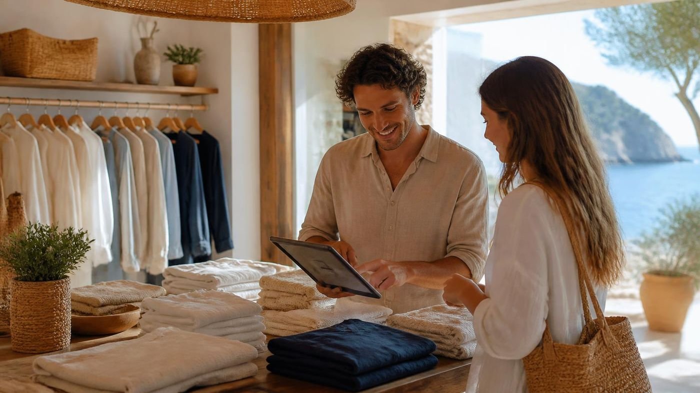 Dependiente de una tienda de ropa de estilo mediterráneo registrando una compra en una tablet mientras atiende a una clienta