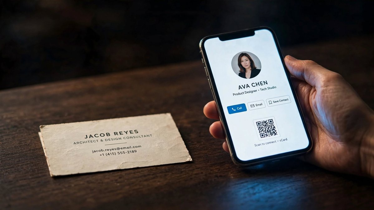 Tarjeta de papel antigua junto a un móvil mostrando una tarjeta de visita digital