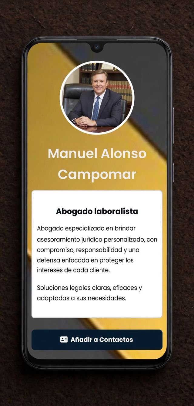 Ejemplo de tarjeta digital: perfil con foto, nombre, cargo y botón para añadir a contactos