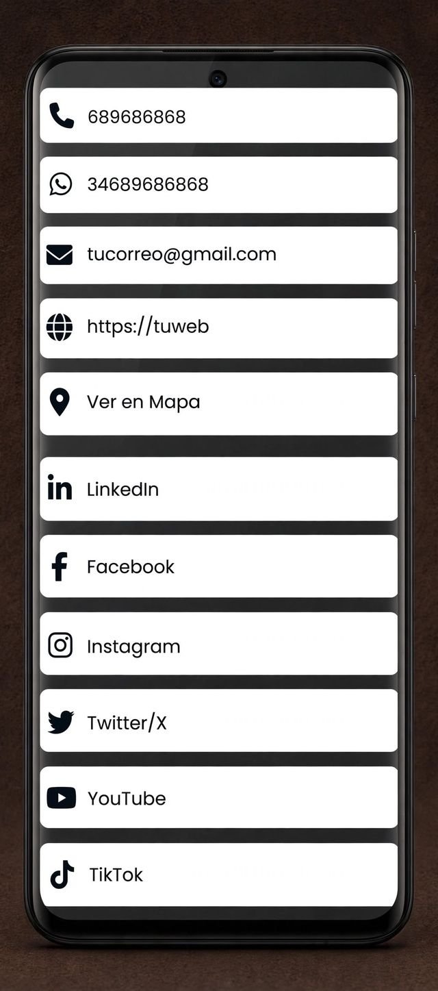 Ejemplo de tarjeta digital: botones de llamada, WhatsApp, email, web, mapa y redes sociales