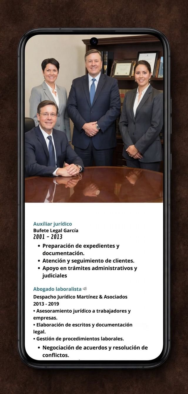 Ejemplo de tarjeta digital: foto de equipo y experiencia laboral