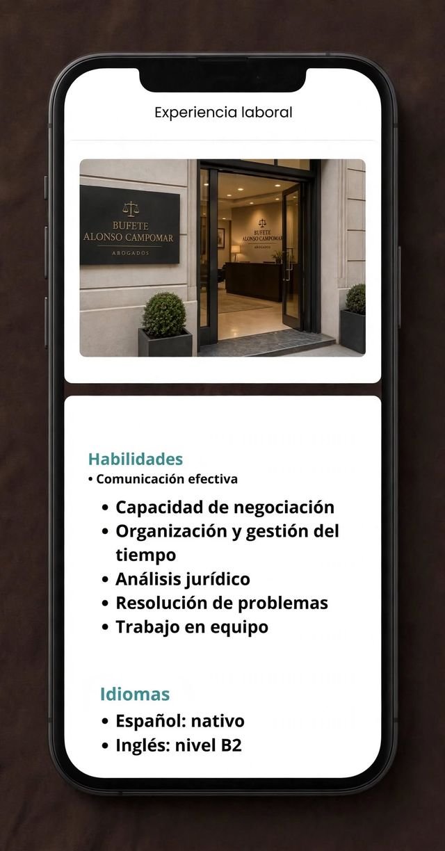 Ejemplo de tarjeta digital: foto del negocio, habilidades e idiomas