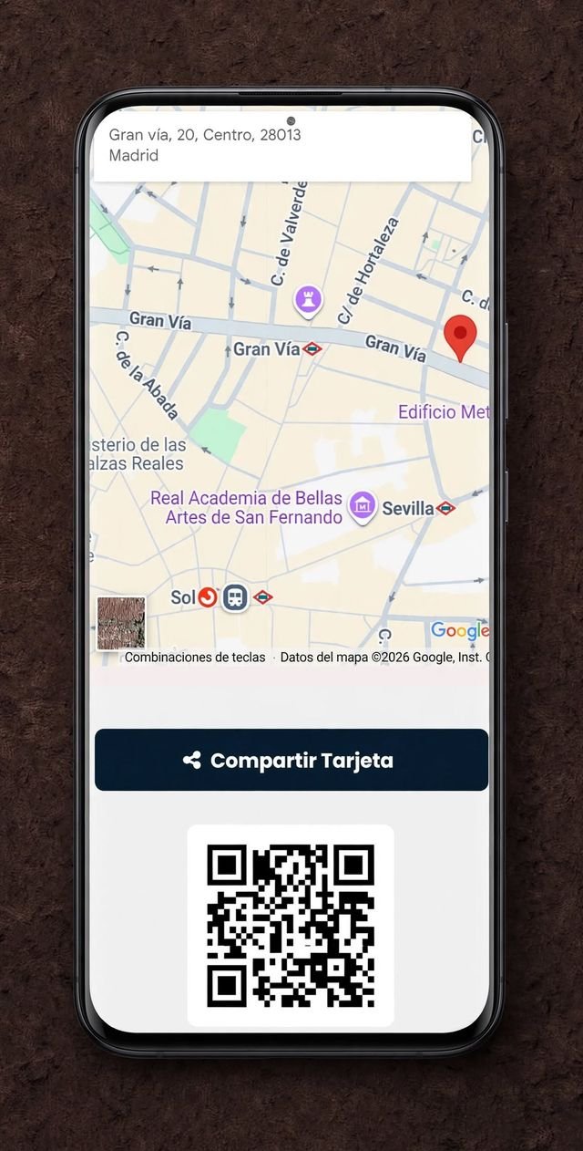 Ejemplo de tarjeta digital: ubicación en Google Maps, botón para compartir y código QR