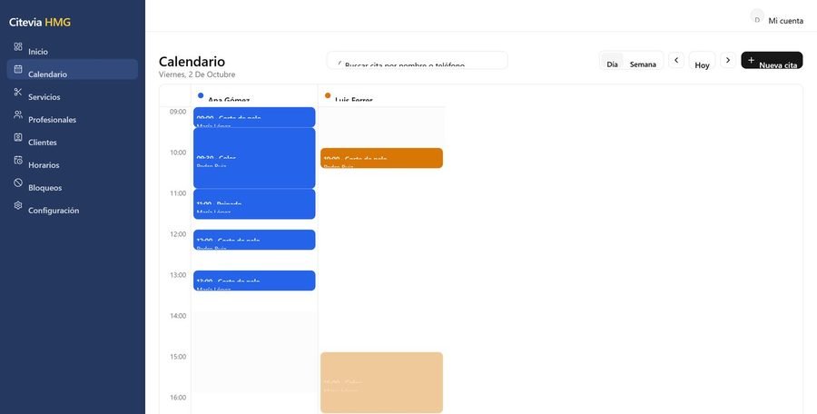 Panel de CiteviaHMG: calendario de citas con huecos reservados por profesional