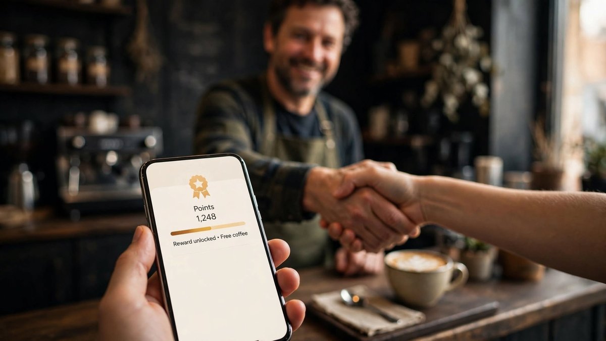 Cliente fiel canjeando puntos en una cafetería local, con la app de fidelización mostrando 1.248 puntos y una recompensa desbloqueada