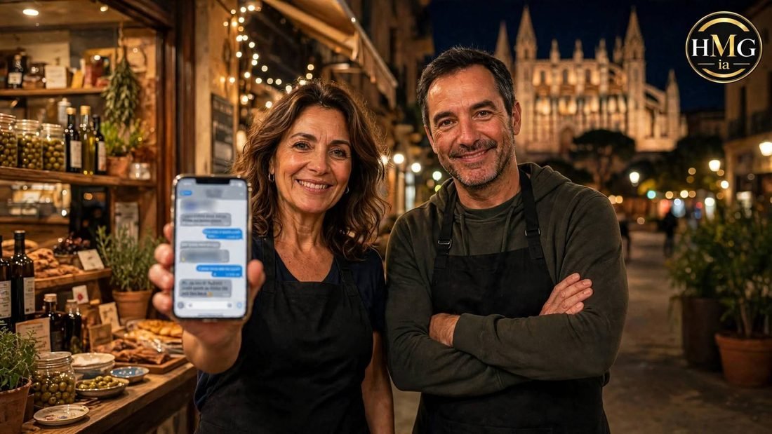 Dueños de un negocio en Palma de Mallorca mostrando en el móvil el chat de soporte del grupo de Telegram de HMGia