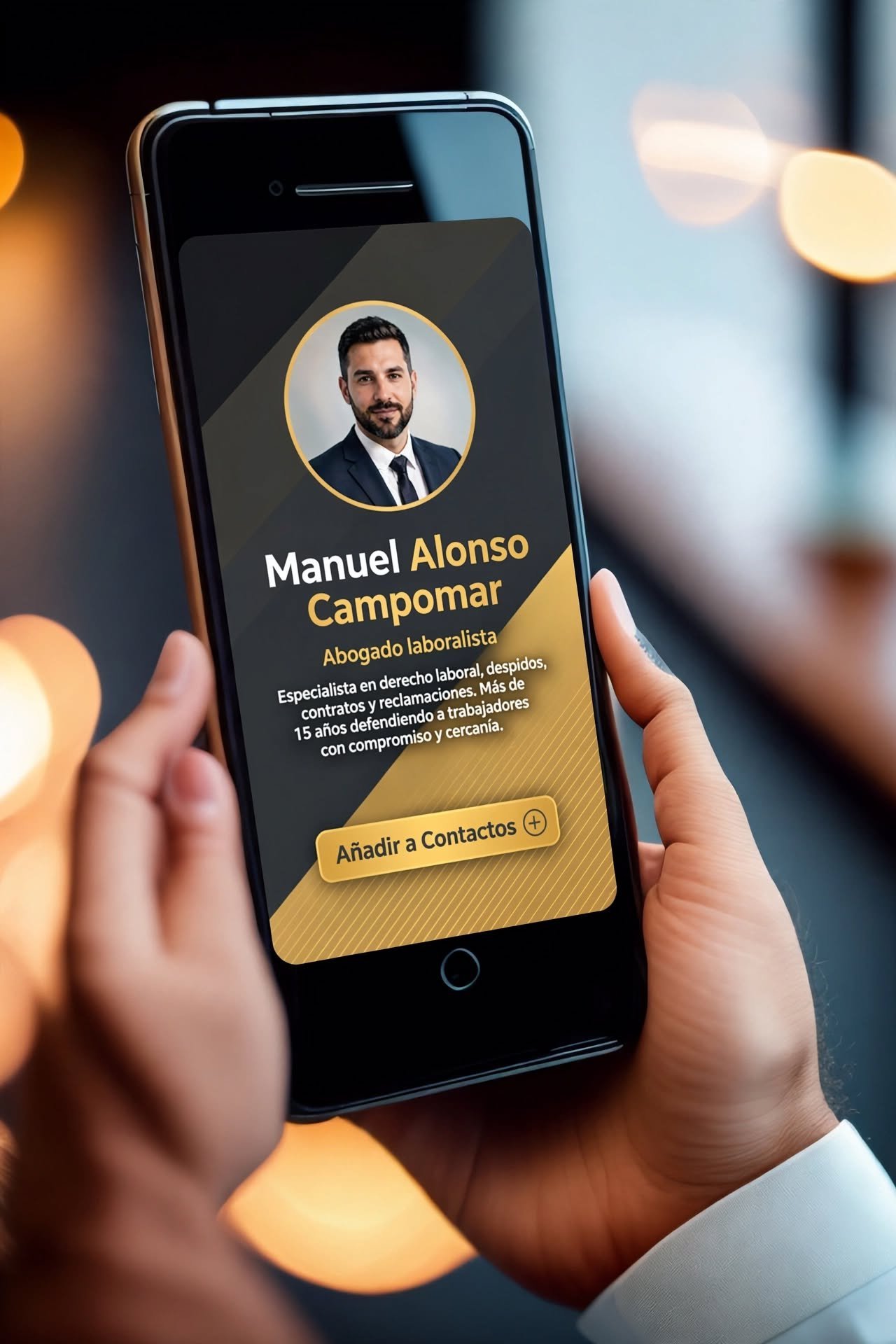 Persona sujetando su móvil mostrando una tarjeta de visita digital con diseño dorado, ejemplo de tarjeta creada con el editor HMGia