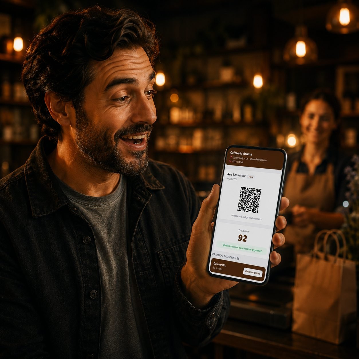 Cliente mirando en su móvil los puntos que le faltan para su premio