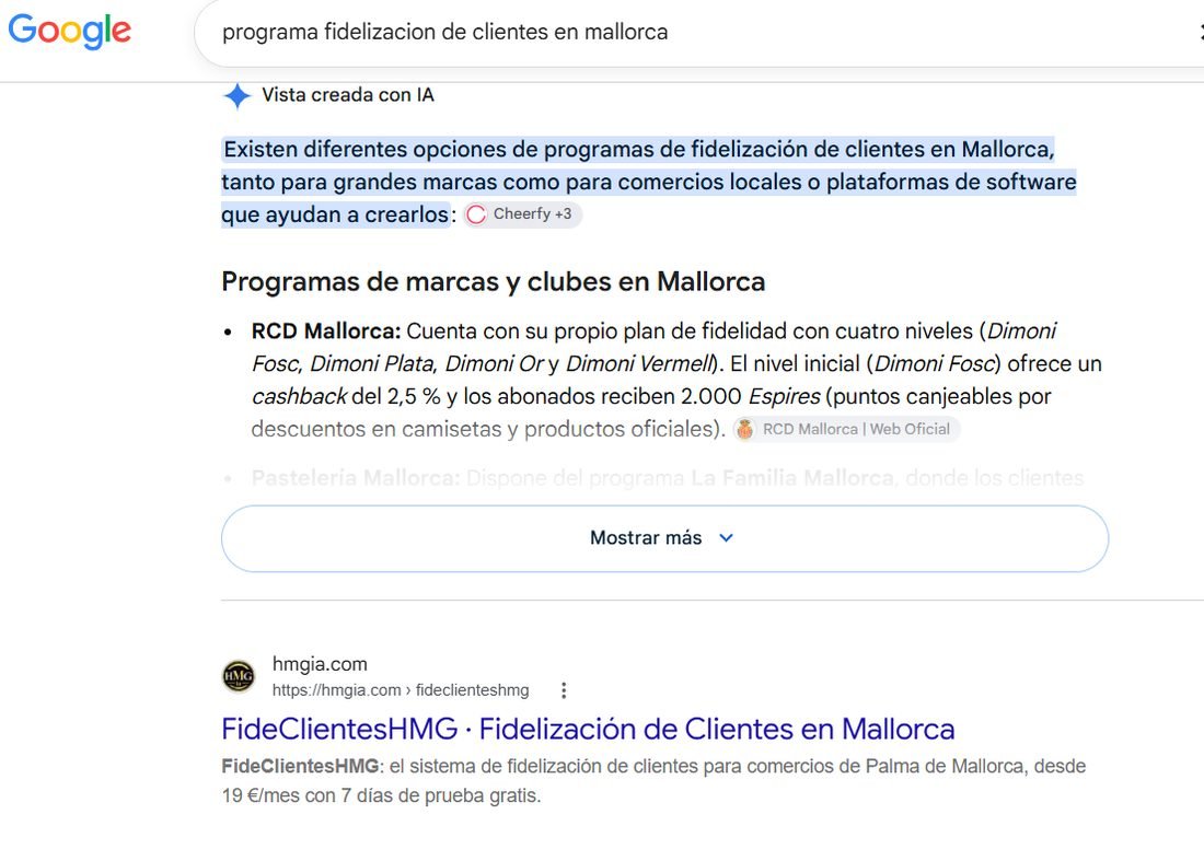 Resultados de Google para «programa fidelizacion de clientes en mallorca» con hmgia.com como primer resultado web tras la respuesta con IA