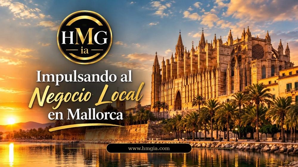 Impulsando al negocio local en Mallorca: la Catedral de Palma al atardecer con el logo de HMGia