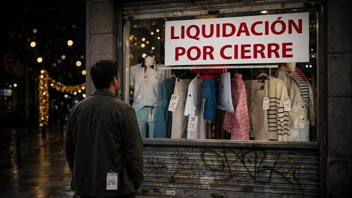 Cartel de 'Liquidación por cierre' en el escaparate de una tienda de ropa, reflejo del cierre de comercios autónomos en España