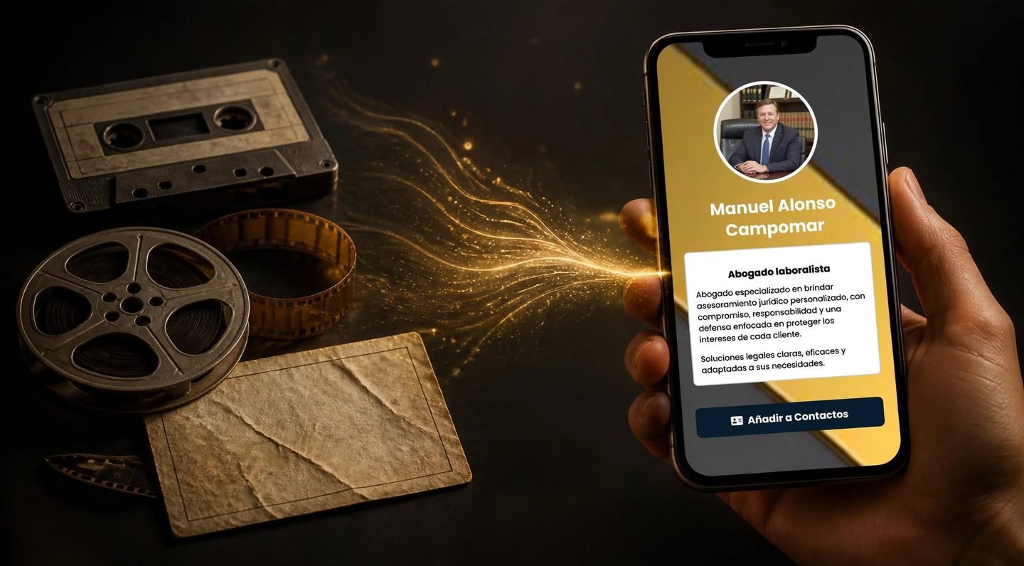 Evolución de la tarjeta de visita: de una tarjeta de papel antigua, junto a un casete y un carrete de fotos, a una tarjeta de presentación digital en la pantalla de un móvil
