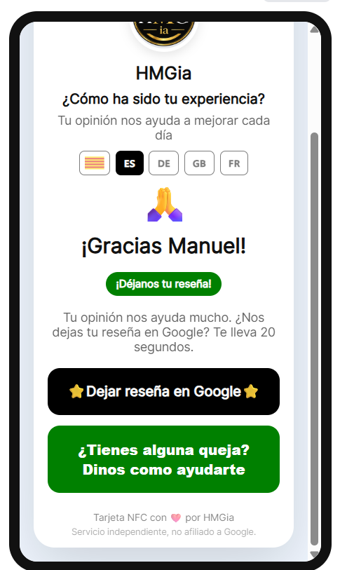Pantalla que ve el cliente al tocar la tarjeta NFC: selector de idioma, botón para dejar reseña en Google y canal privado