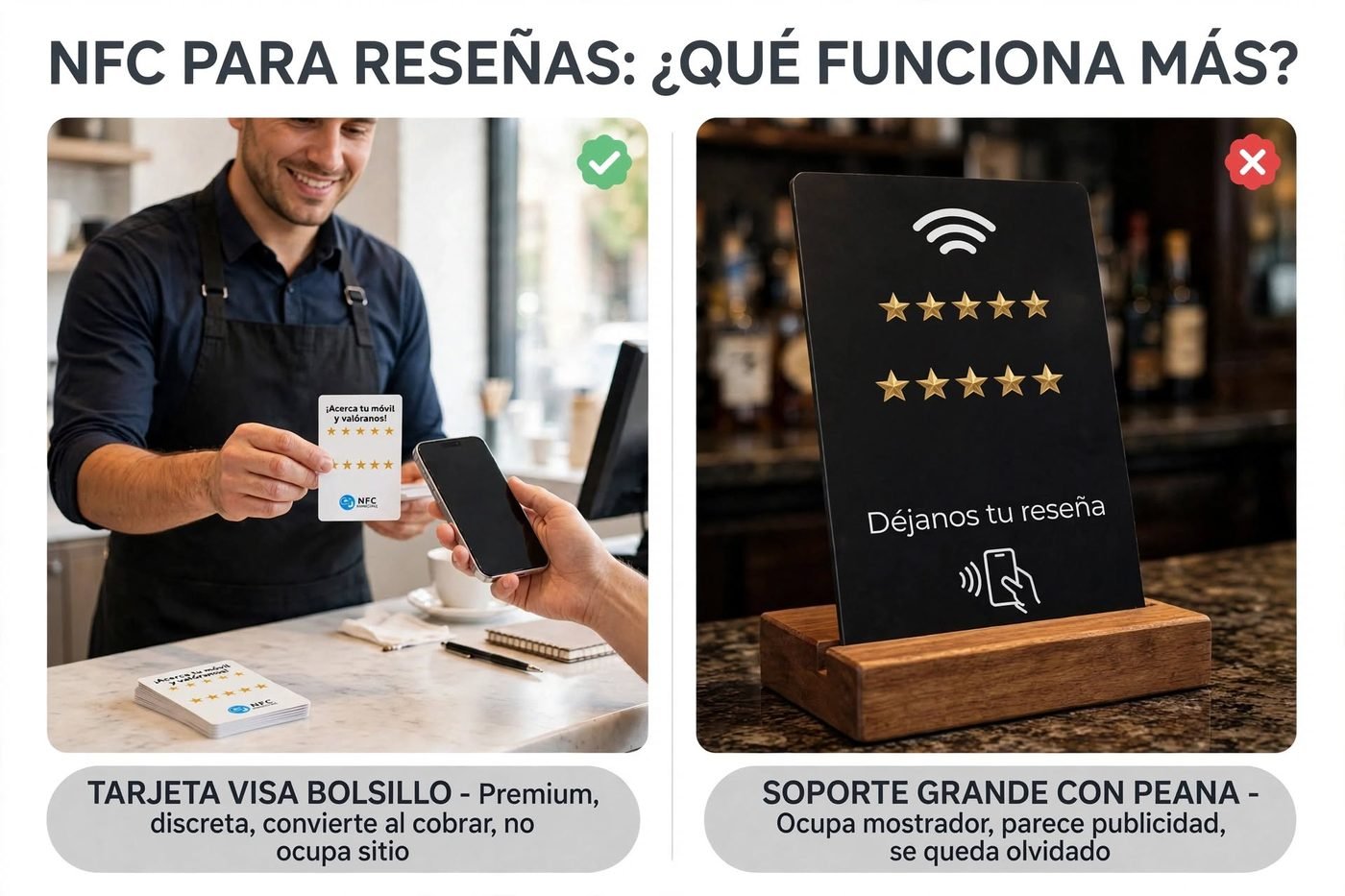 Comparación entre tarjeta NFC de bolsillo premium y soporte grande con peana para reseñas de Google