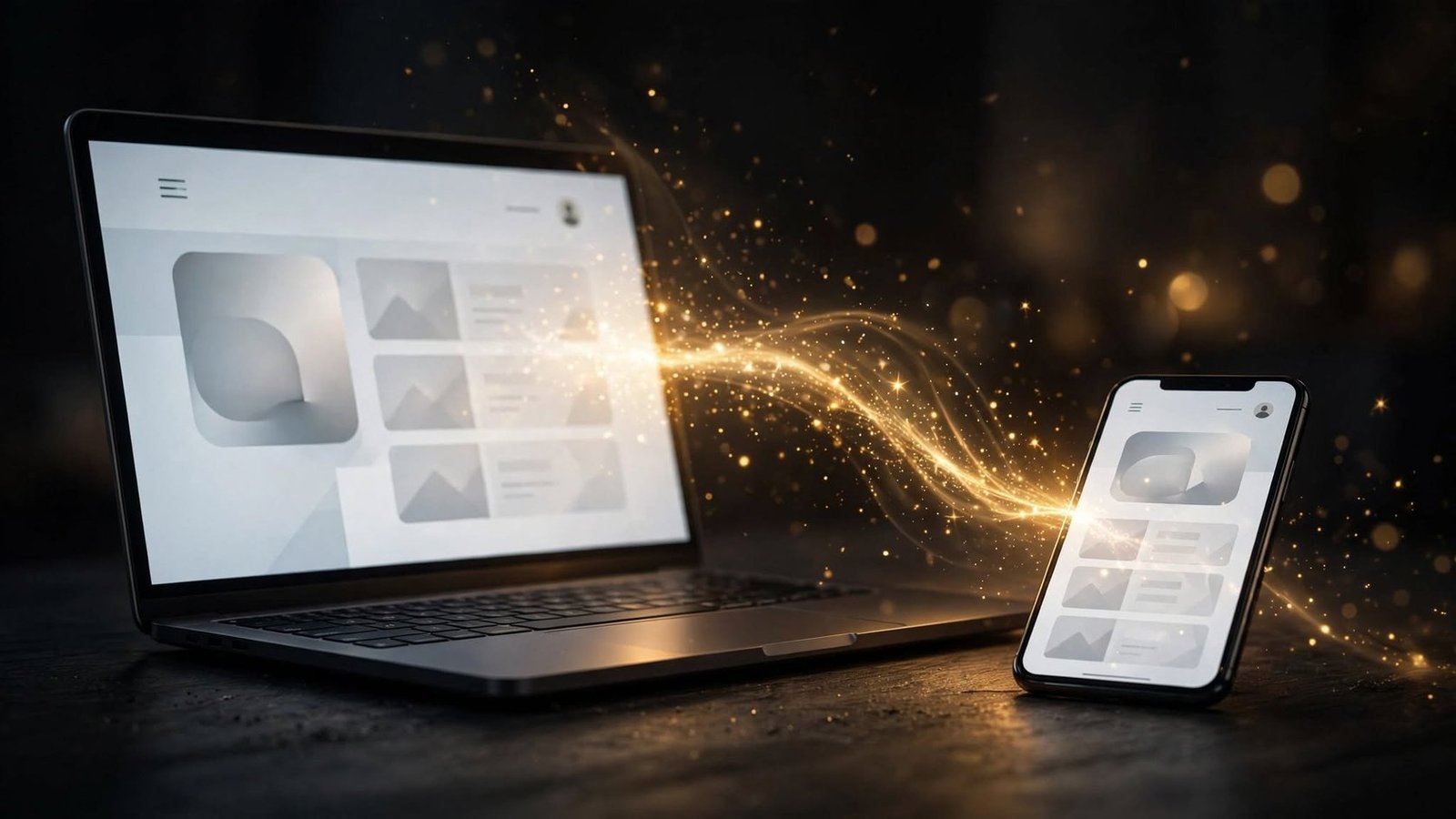Una web mostrándose a la vez en un portátil y en un móvil, unidos por un hilo de luz dorada
